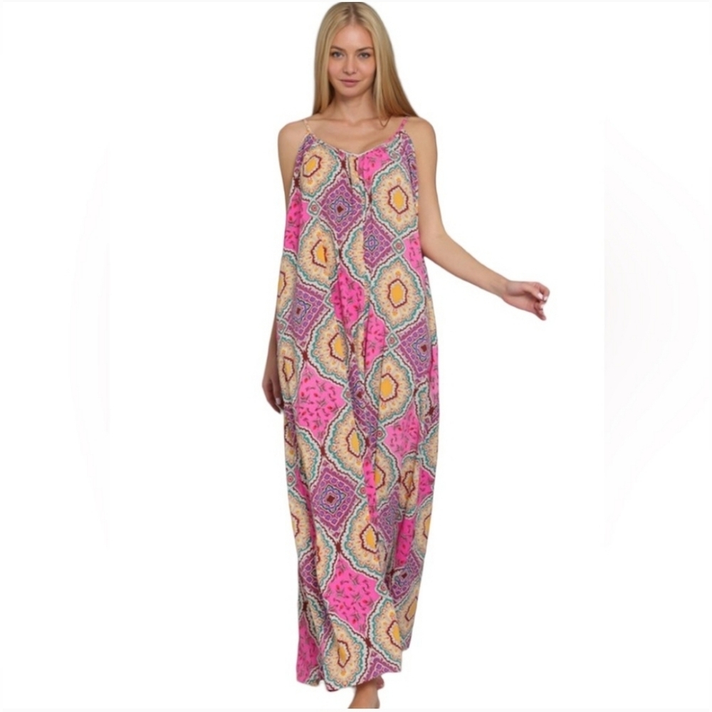 Boutique brand fushia multi color oversized flowy jumpsuit, Size Large